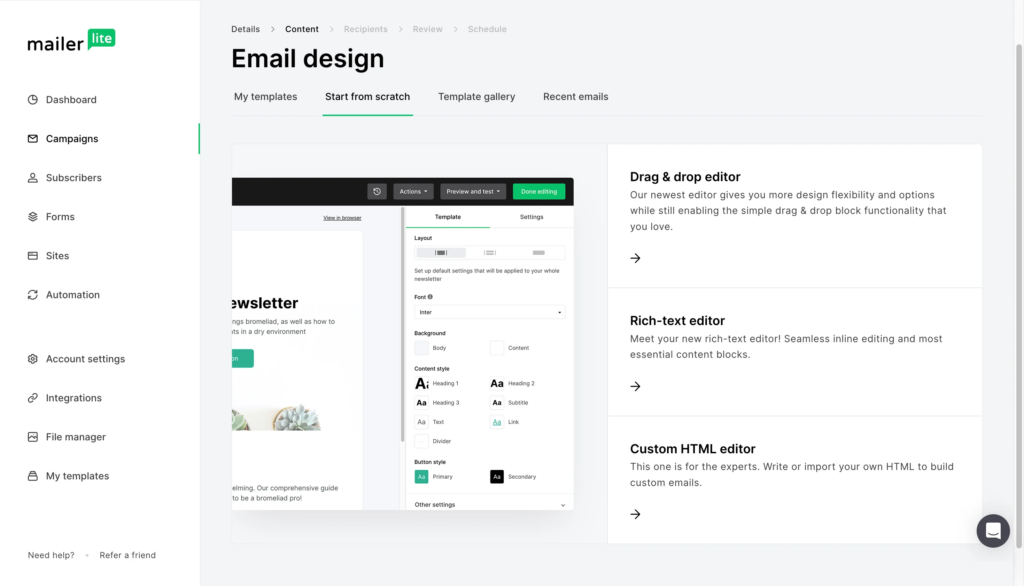 MailerLite vs ActiveCampaign: MailerLite Simplicity of Email Design